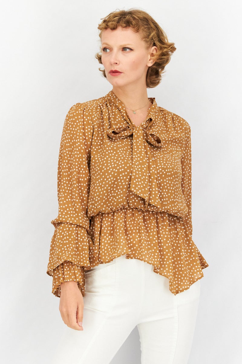 Women Tie Neck Long Sleeves Polka Dot Top, Brown