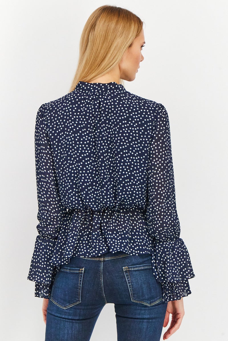 Women Tie Neckline Long Sleeve Polka Dots Blouse, Navy/White