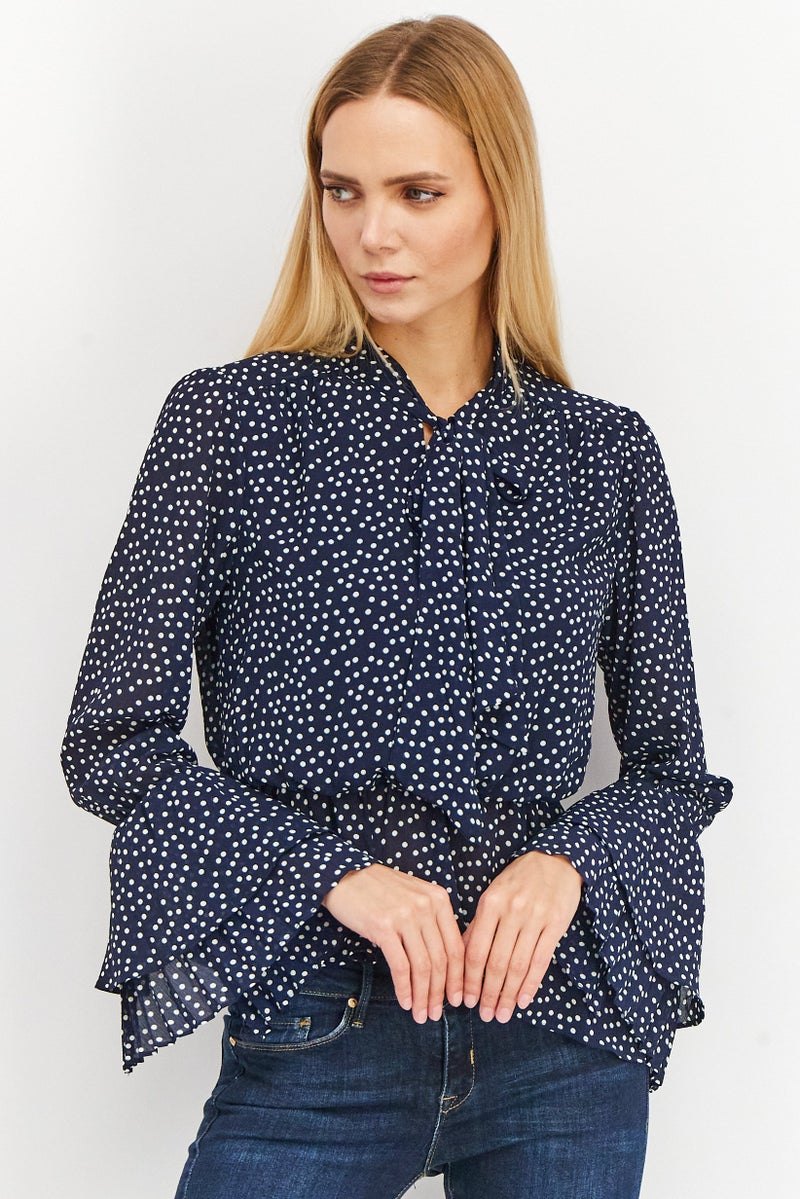 Women Tie Neckline Long Sleeve Polka Dots Blouse, Navy/White