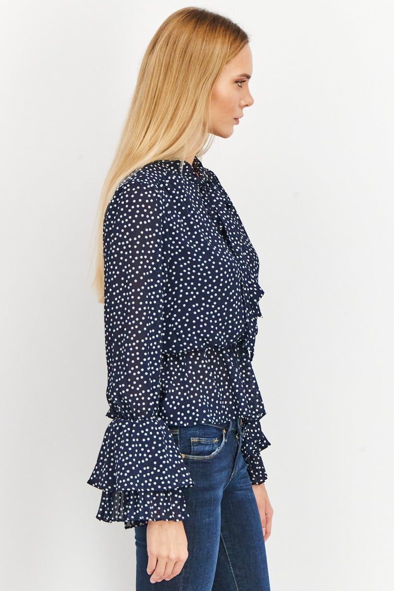 Women Tie Neckline Long Sleeve Polka Dots Blouse, Navy/White