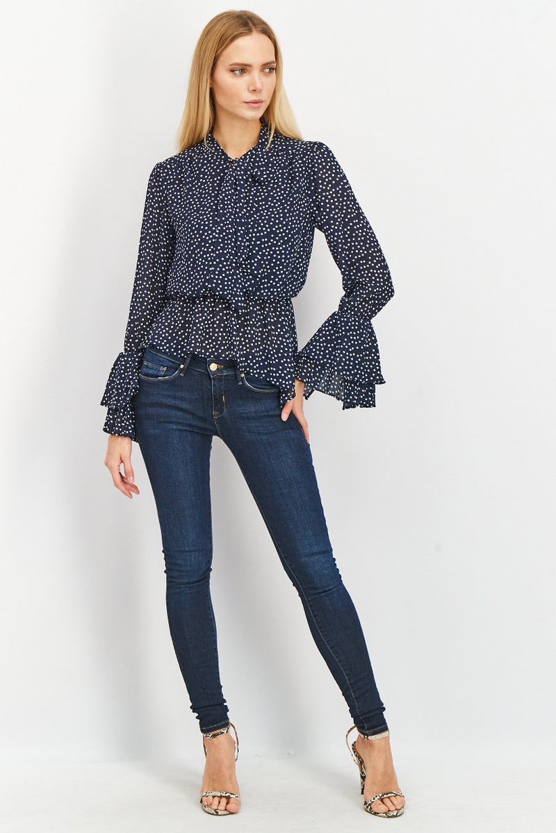 Women Tie Neckline Long Sleeve Polka Dots Blouse, Navy/White