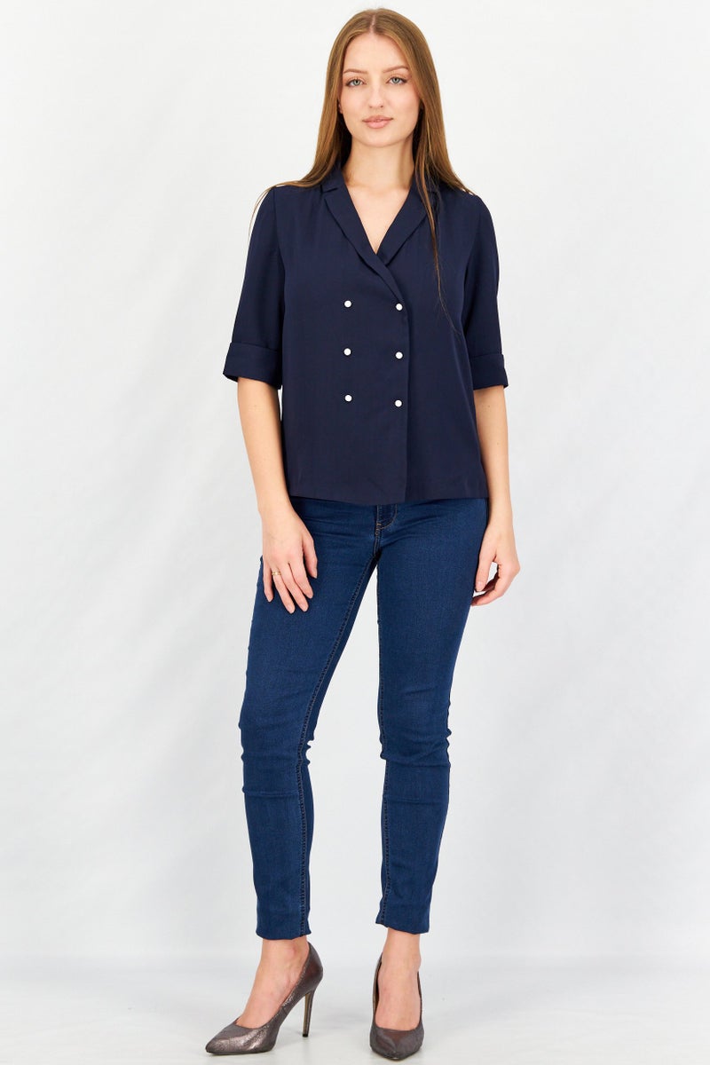 Women V-Neck Short Sleeves Plain Blouse, Navy Blue