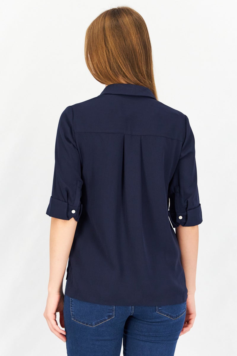 Women V-Neck Short Sleeves Plain Blouse, Navy Blue