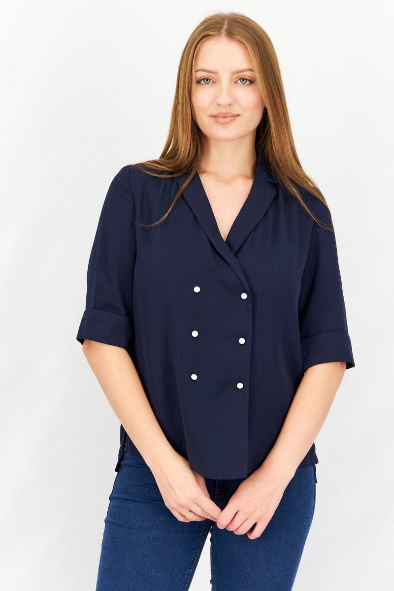 Women V-Neck Short Sleeves Plain Blouse, Navy Blue