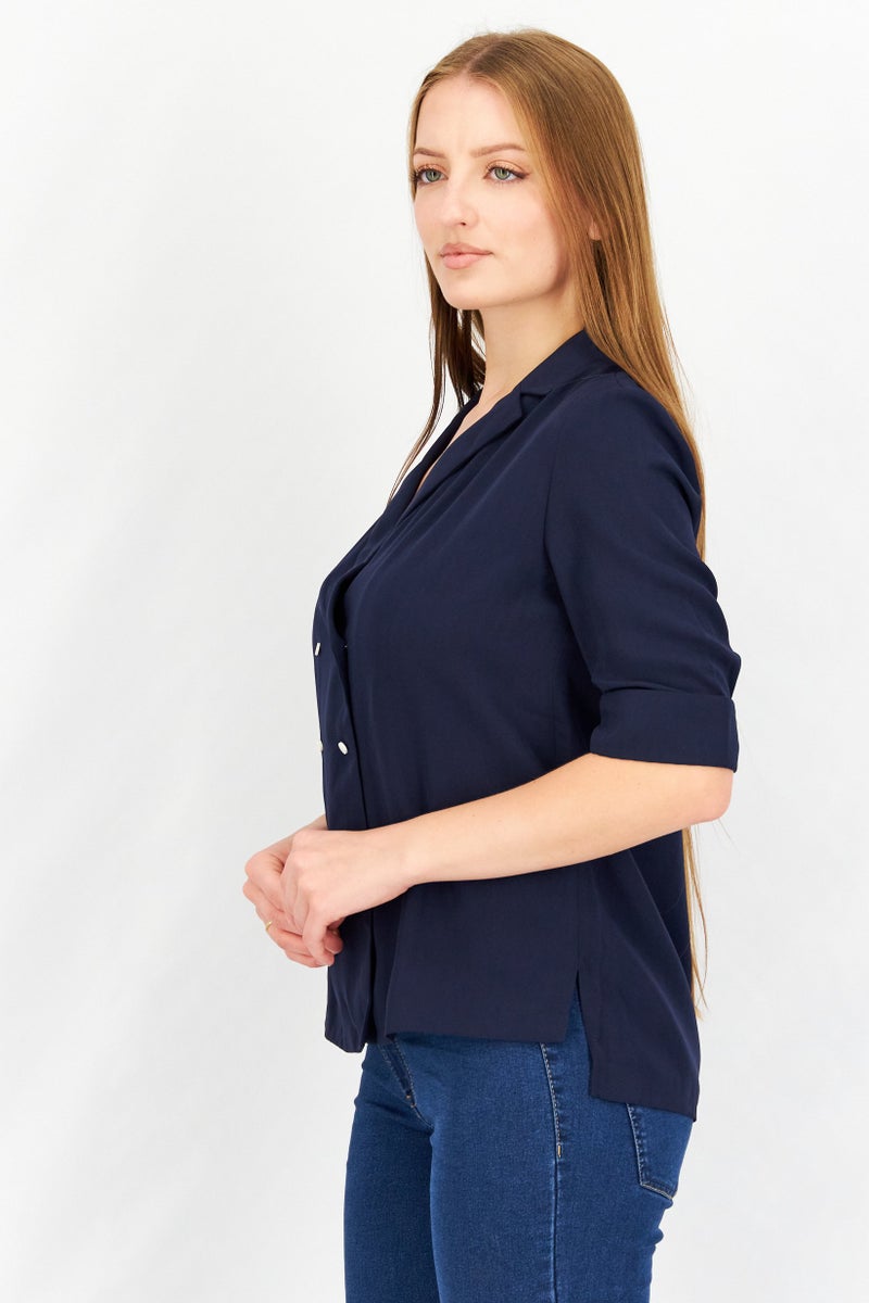 Women V-Neck Short Sleeves Plain Blouse, Navy Blue