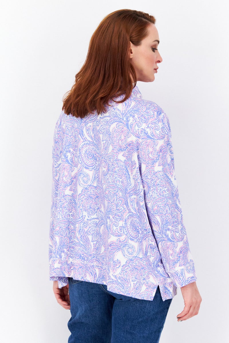 Women Plus Size 3/4 Sleeve Paisley Shirt, Blue Combo