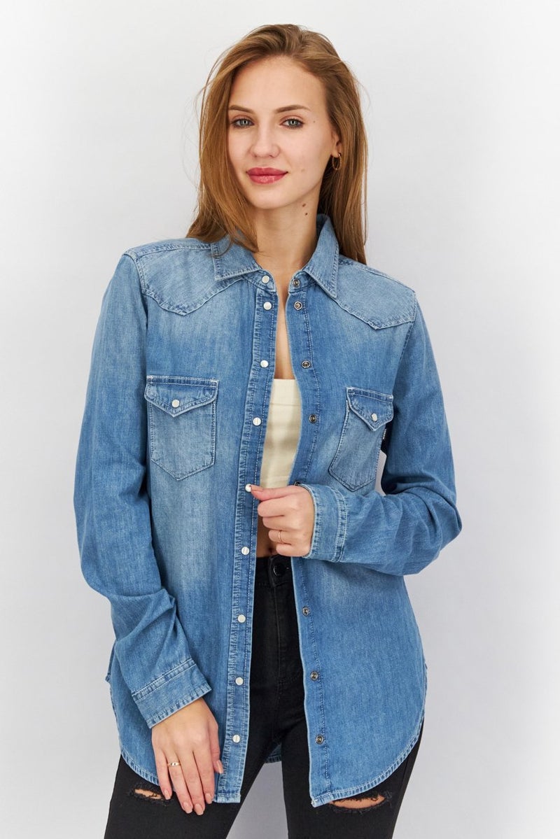 Women Spread Neck Long Sleeves Washed Shirt, Blue
