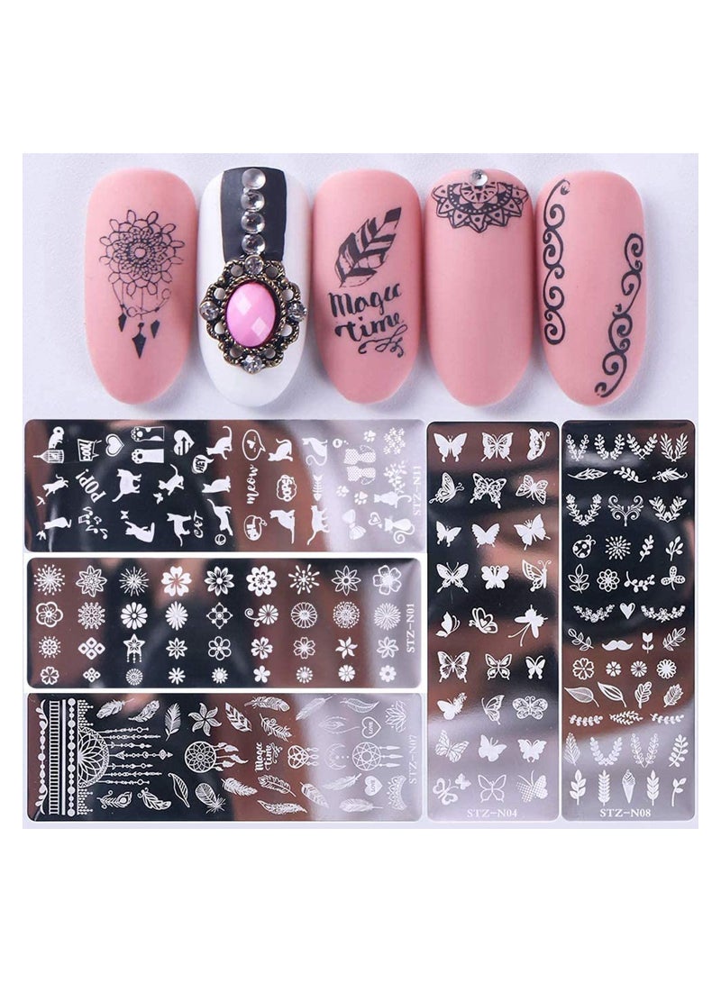 Nail Art Stamping Templates Manicure Tool Kit 6Pcs Nail Stamping Plates Flower Animal Pattern Manicure Print Tools for DIY Nail Art Designs