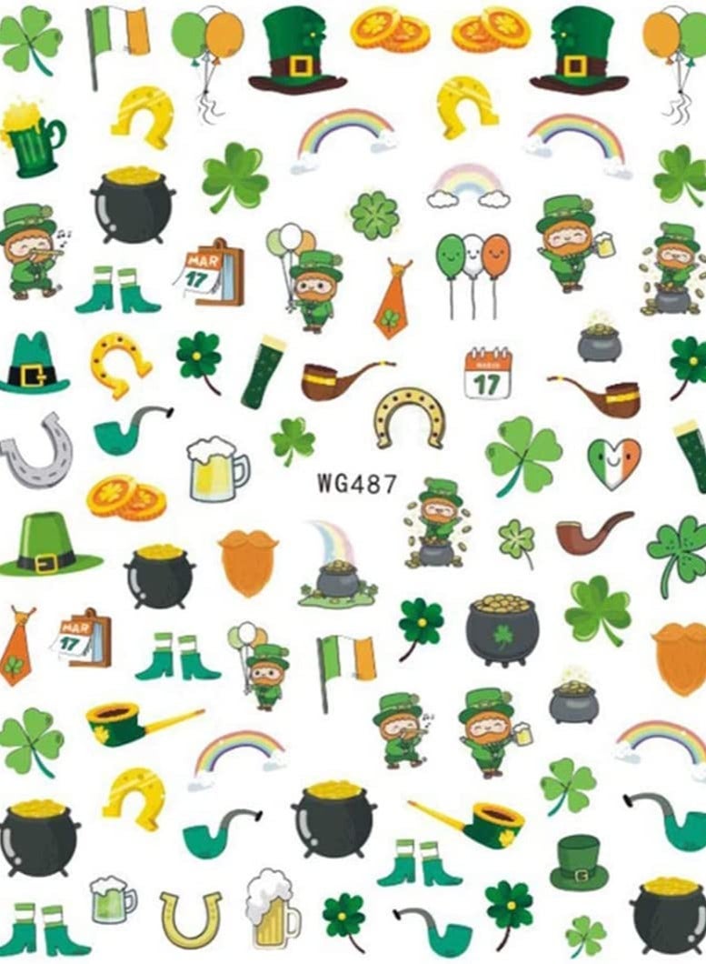 Nail Stickers Nail Decals 3D Self- Adhesive Shamrock Green Dwarf Gold Hat Nail Art Decoration for Kids Girls Women