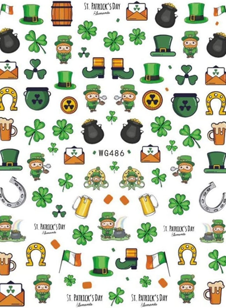 Nail Stickers Nail Decals 3D Self- Adhesive Shamrock Green Dwarf Gold Hat Nail Art Decoration for Kids Girls Women