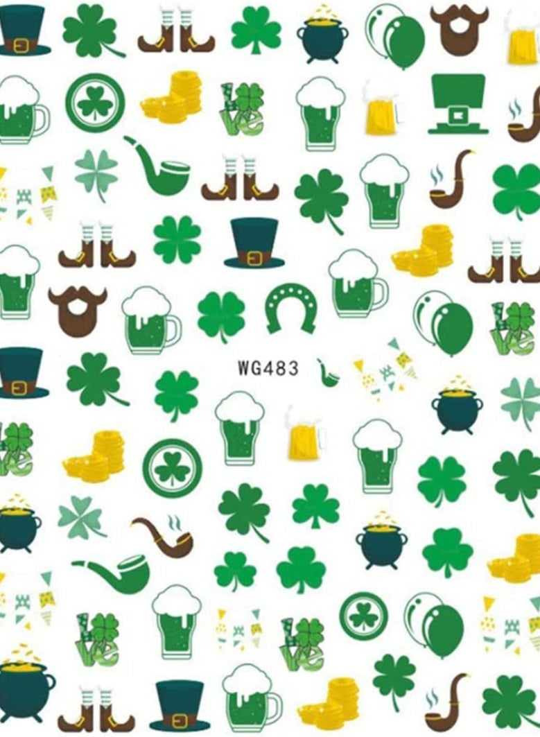 Nail Stickers Nail Decals 3D Self- Adhesive Shamrock Green Dwarf Gold Hat Nail Art Decoration for Kids Girls Women