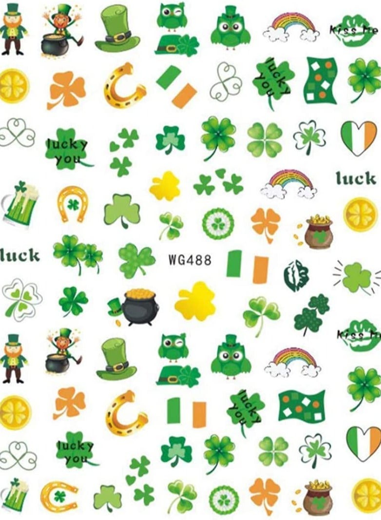 Nail Stickers Nail Decals 3D Self- Adhesive Shamrock Green Dwarf Gold Hat Nail Art Decoration for Kids Girls Women