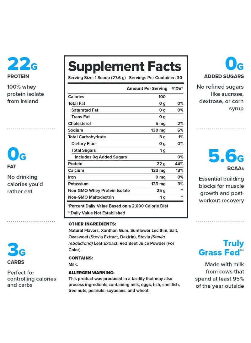 Whey Protein Powder Grass Fed Whey Protein Isolate Naturally Sweetened And Flavored No Added Sugars 22 Grams Per Serving, 828 g (1.83 Lbs ), 30 Servings - Strawberry Banana