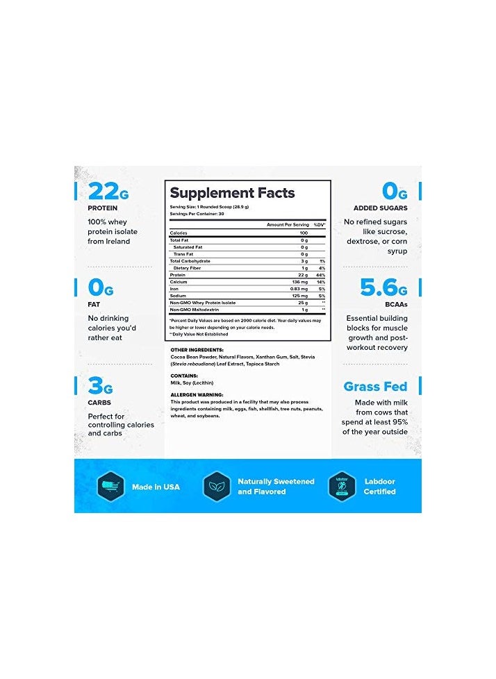 Whey Protein Powder Grass Fed Whey Isolate Naturally Sweetened And Flavored No Added Sugars 22 Grams Per Serving 2268 G/80 Oz/5.00 Lbs - 79 Servings - Dutch Chocolate