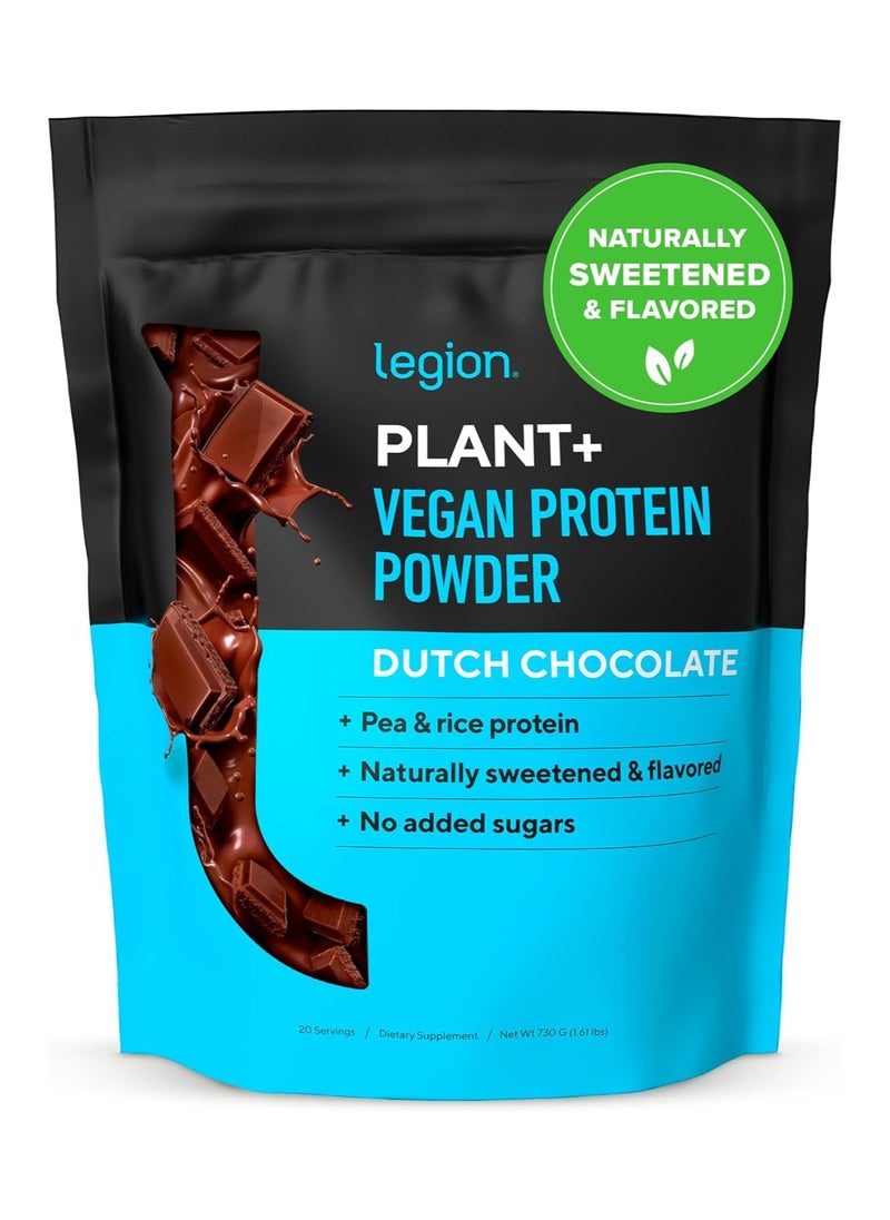 Plant+ Vegan Protein Powder, Pea and Rice Protein, Naturally Sweetened & Flavored, No Added Sugars, 24 grams Per Serving, 730 g,(1.61 Lbs ) 20 Servings - Dutch Chocolate