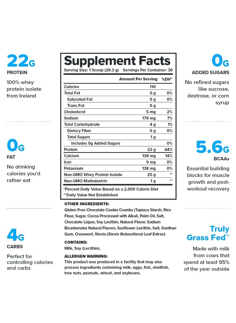 Whey Protein Powder Grass Fed Whey Protein Isolate Naturally Sweetened And Flavored No Added Sugars 22 grams Per Serving 879g (1.94Lbs) 30 Servings - Cookies And Cream