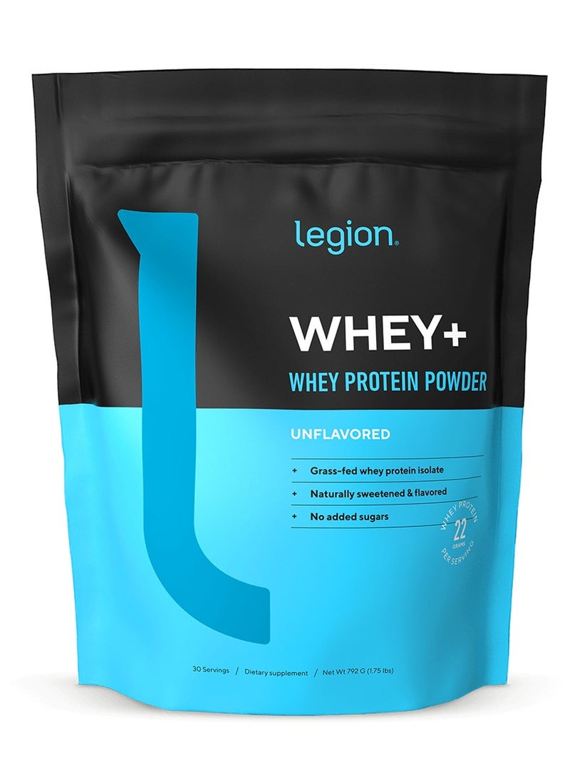 Whey+ Whey Protein Powder, Grass Fed Whey Protein Isolate, Naturally Sweetened and Flavored, No Added Sugars, 22 grams Per Serving, 792g/1.61 Lbs, 30 Servings - Unflavored