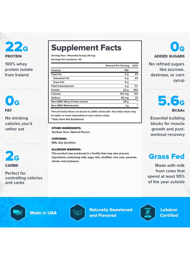 Whey+ Whey Protein Powder, Grass Fed Whey Protein Isolate, Naturally Sweetened and Flavored, No Added Sugars, 22 grams Per Serving, 792g/1.61 Lbs, 30 Servings - Unflavored