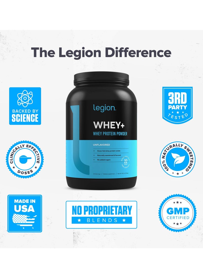 Whey+ Whey Protein Powder, Grass Fed Whey Protein Isolate, Naturally Sweetened and Flavored, No Added Sugars, 22 grams Per Serving, 792g/1.61 Lbs, 30 Servings - Unflavored