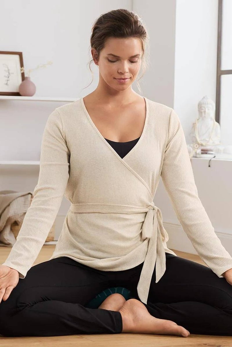 Women Sportswear Fit Long Sleeve Wrap Yoga Cardigan, Beige