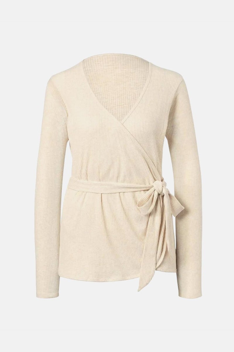 Women Sportswear Fit Long Sleeve Wrap Yoga Cardigan, Beige