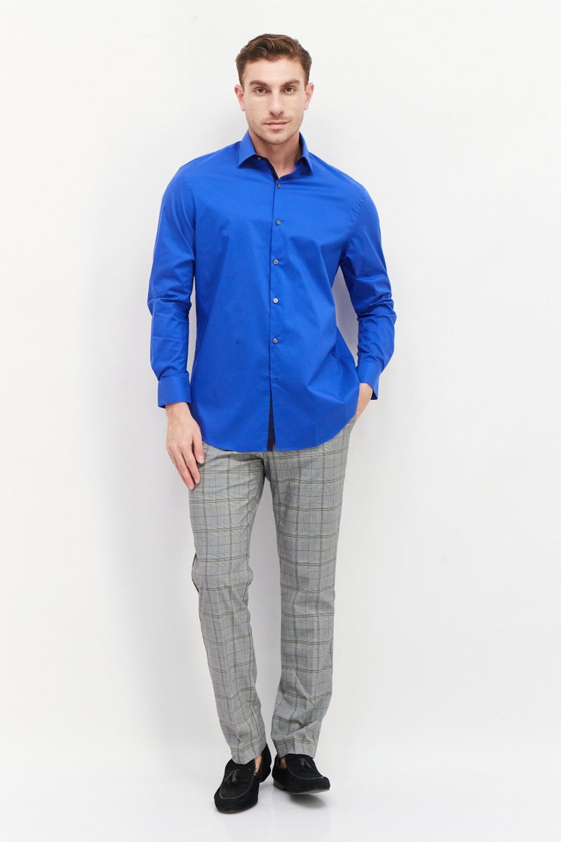 Men Regular Fit Plain Long Sleeves Dress Shirt, Blue