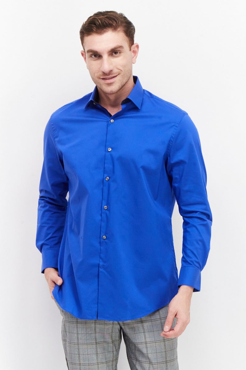 Men Regular Fit Plain Long Sleeves Dress Shirt, Blue