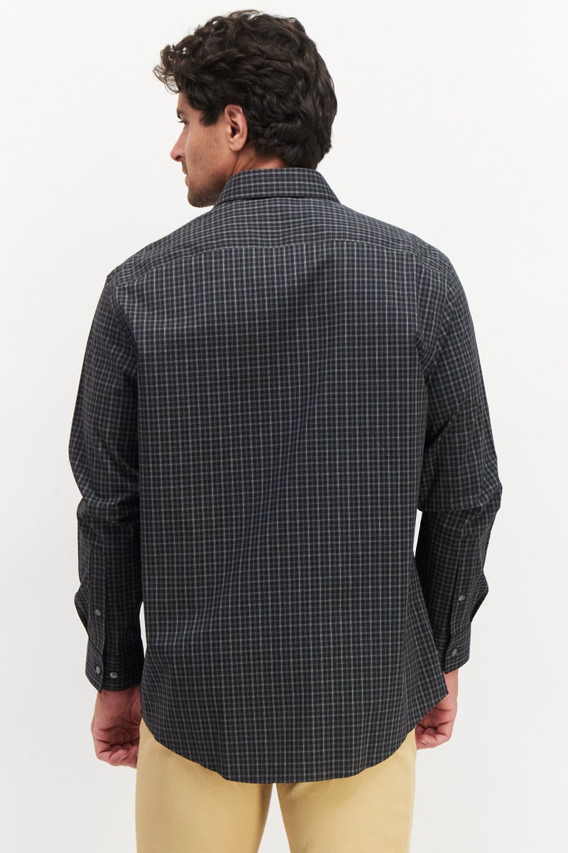Men Regular Fit Plaid Long Sleeves Dress Shirt, Black