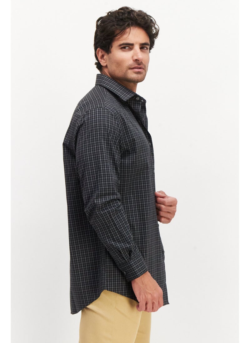 Men Regular Fit Plaid Long Sleeves Dress Shirt, Black