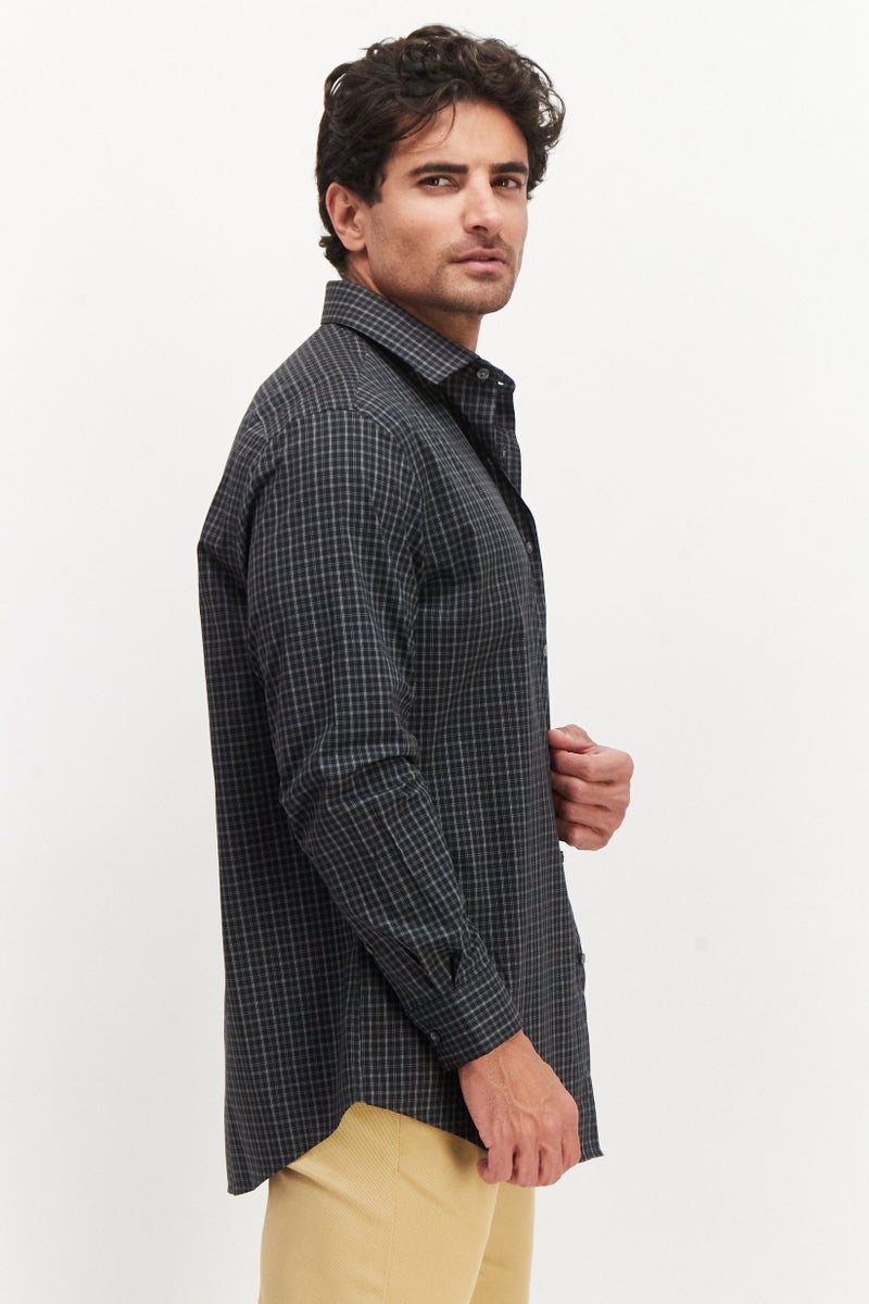 Men Regular Fit Plaid Long Sleeves Dress Shirt, Black