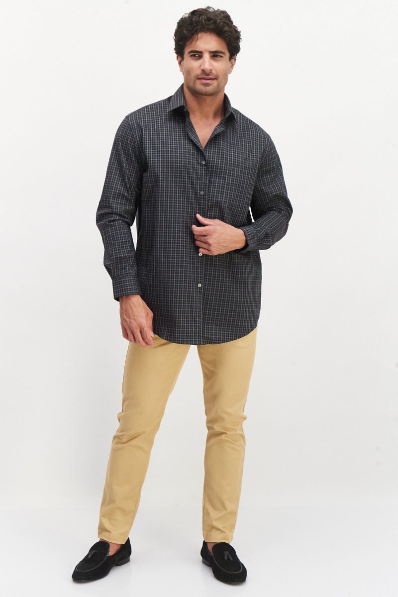 Men Regular Fit Plaid Long Sleeves Dress Shirt, Black