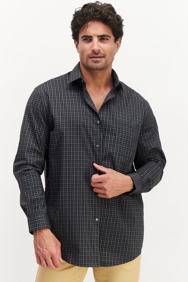 Men Regular Fit Plaid Long Sleeves Dress Shirt, Black