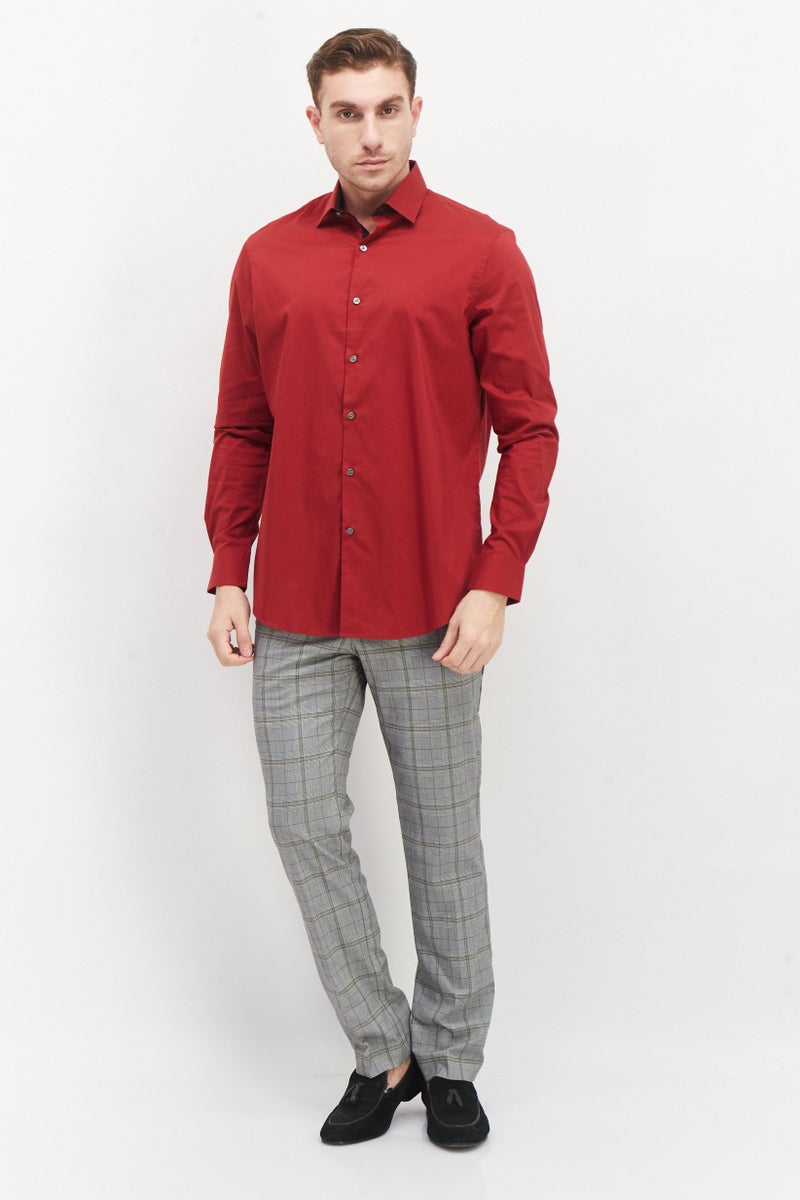 Men Regular Fit Long Sleeve Plain Dress Shirt, Red