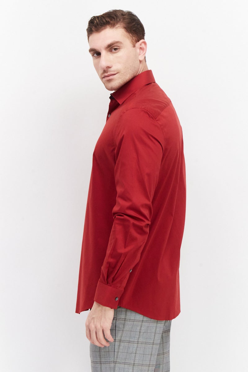 Men Regular Fit Long Sleeve Plain Dress Shirt, Red
