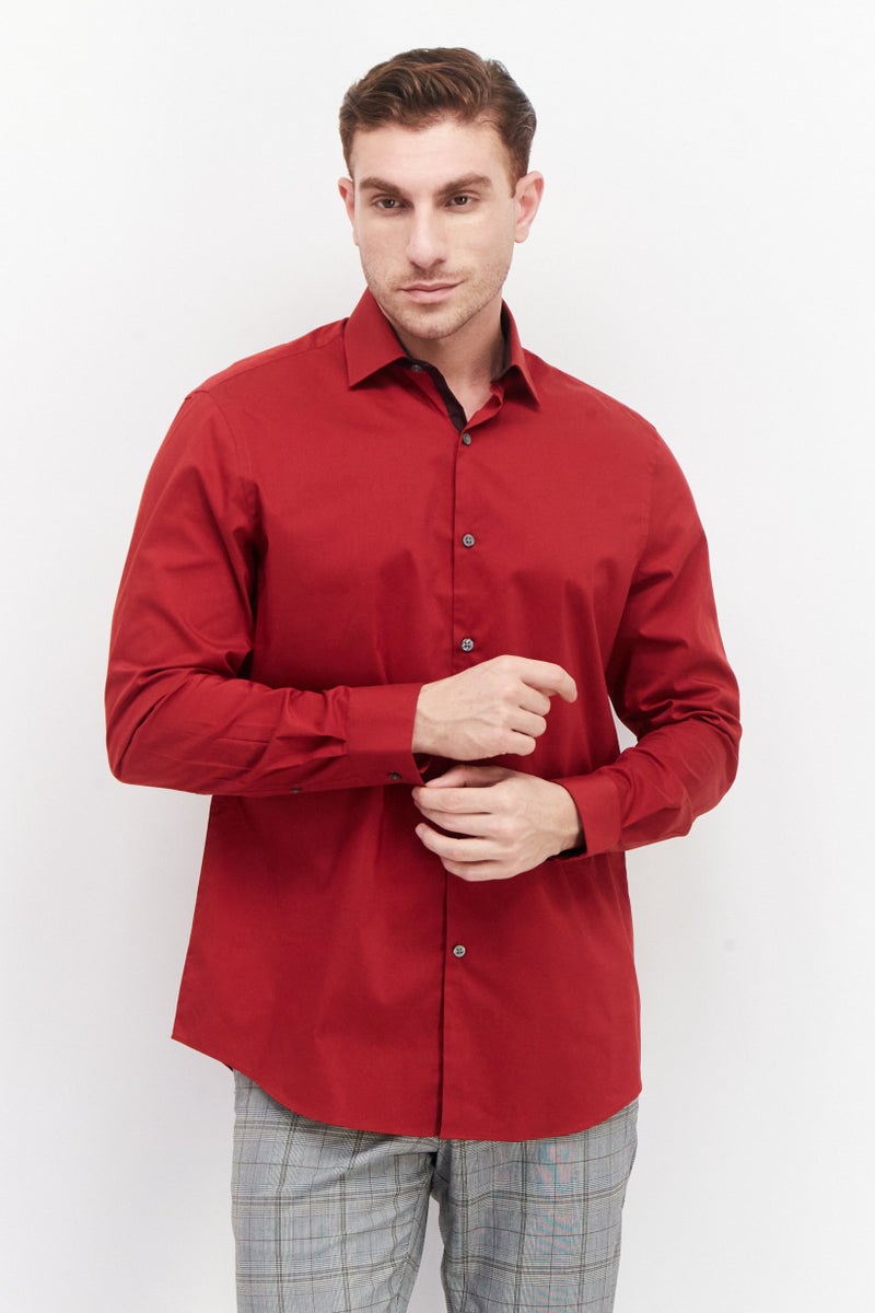 Men Regular Fit Long Sleeve Plain Dress Shirt, Red