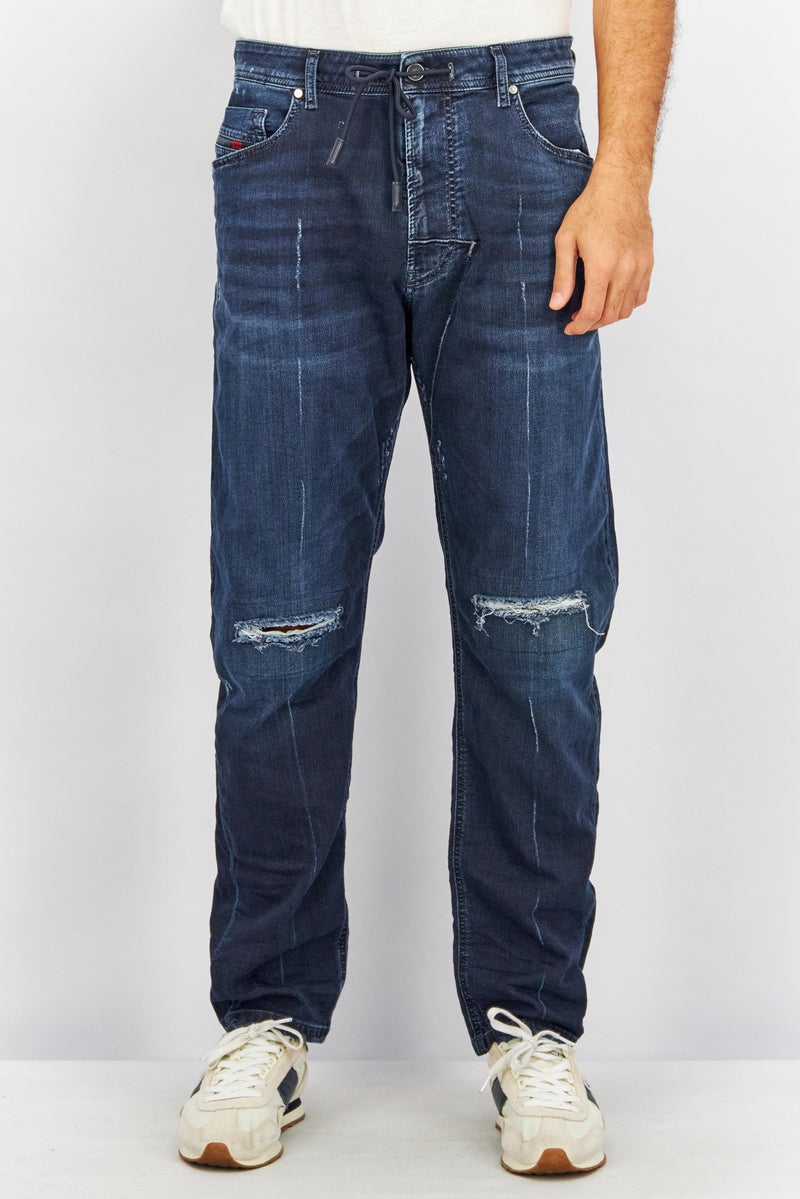 Men Straight Fit Ripped Wash Non Stretchable Denim, Dark Blue