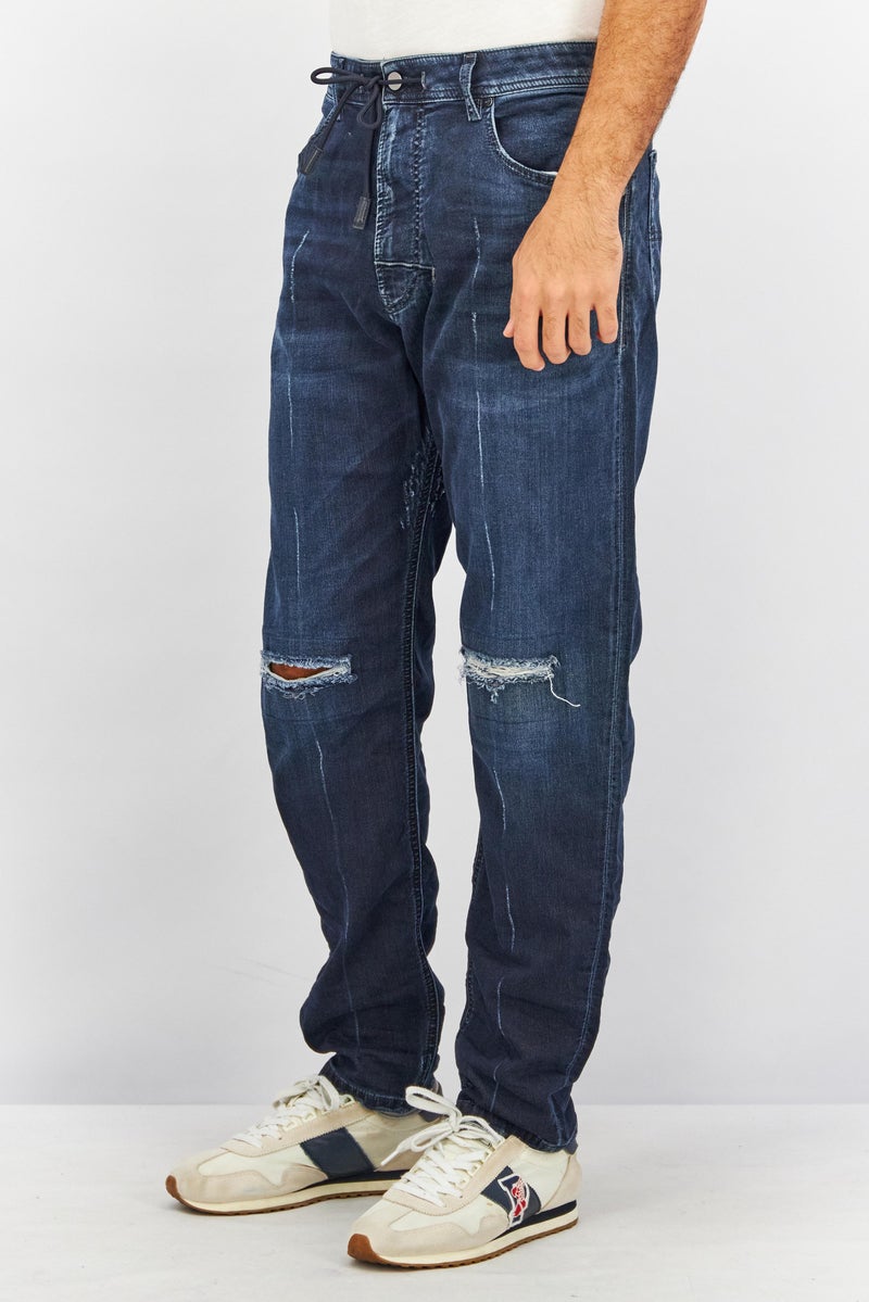 Men Straight Fit Ripped Wash Non Stretchable Denim, Dark Blue