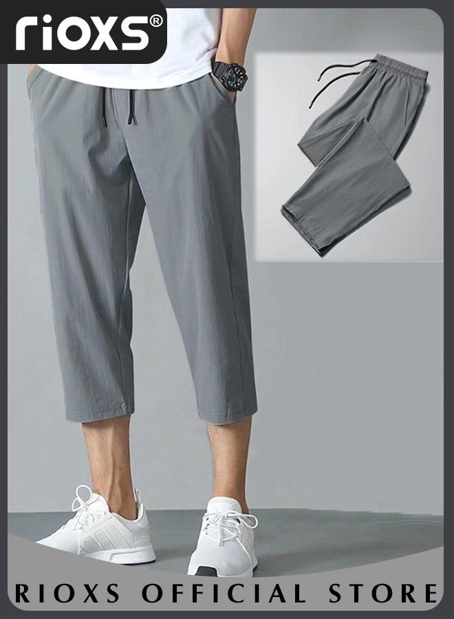 Men's Summer Ice Silk 3/4 Capri Pants Casual Thin Loose Sports Shorts Quick Dry Breathable Outdoor Trousers With Side Pockets, Mid-Rise Grey Casual Shorts, Anti-Sweat Quick-Dry Trousers, Stretchable Gym Lounge Pants