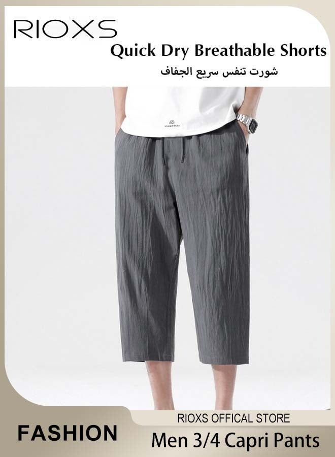 Men's Summer Ice Silk 3/4 Capri Pants Casual Thin Loose Sports Shorts Quick Dry Breathable Outdoor Trousers With Side Pockets, Mid-Rise Grey Casual Shorts, Anti-Sweat Quick-Dry Trousers, Stretchable Gym Lounge Pants