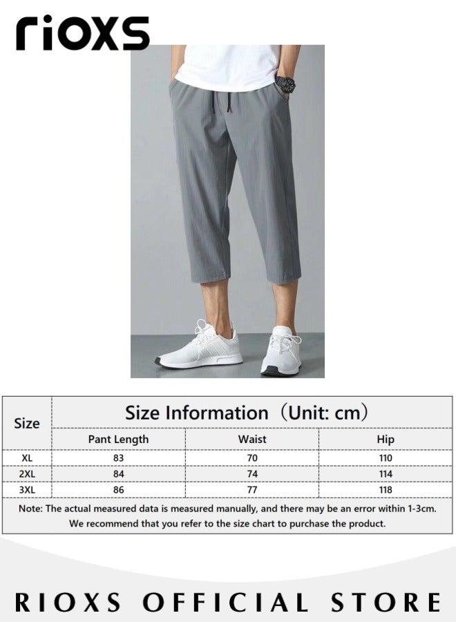 Men's Summer Ice Silk 3/4 Capri Pants Casual Thin Loose Sports Shorts Quick Dry Breathable Outdoor Trousers With Side Pockets, Mid-Rise Grey Casual Shorts, Anti-Sweat Quick-Dry Trousers, Stretchable Gym Lounge Pants
