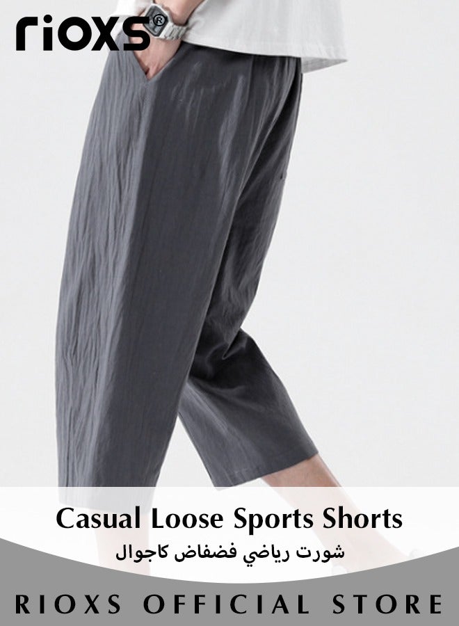 Men's Summer Ice Silk 3/4 Capri Pants Casual Thin Loose Sports Shorts Quick Dry Breathable Outdoor Trousers With Side Pockets, Mid-Rise Grey Casual Shorts, Anti-Sweat Quick-Dry Trousers, Stretchable Gym Lounge Pants