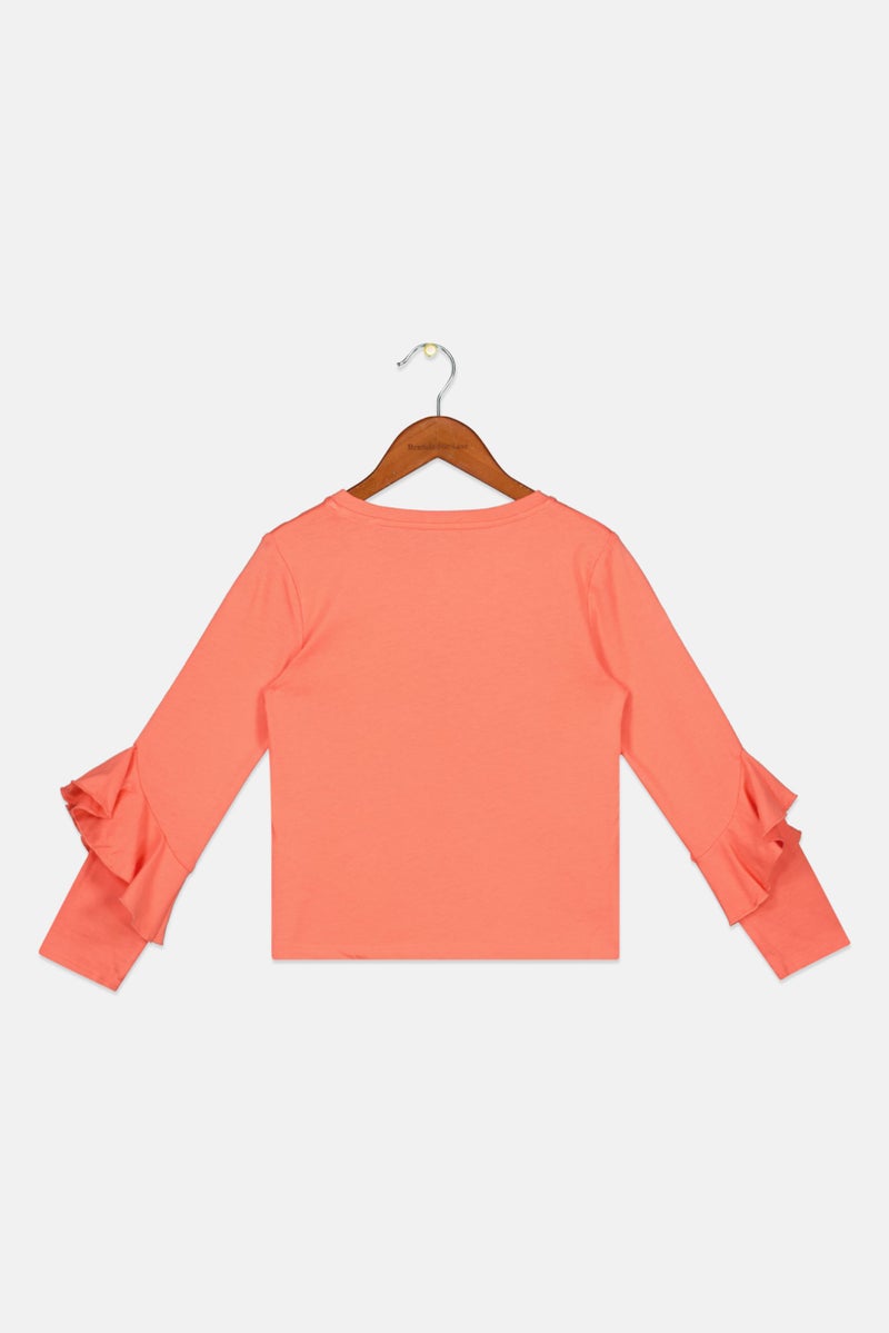 Kids Girl Graphic Ruffle Sleeve Top, Coral