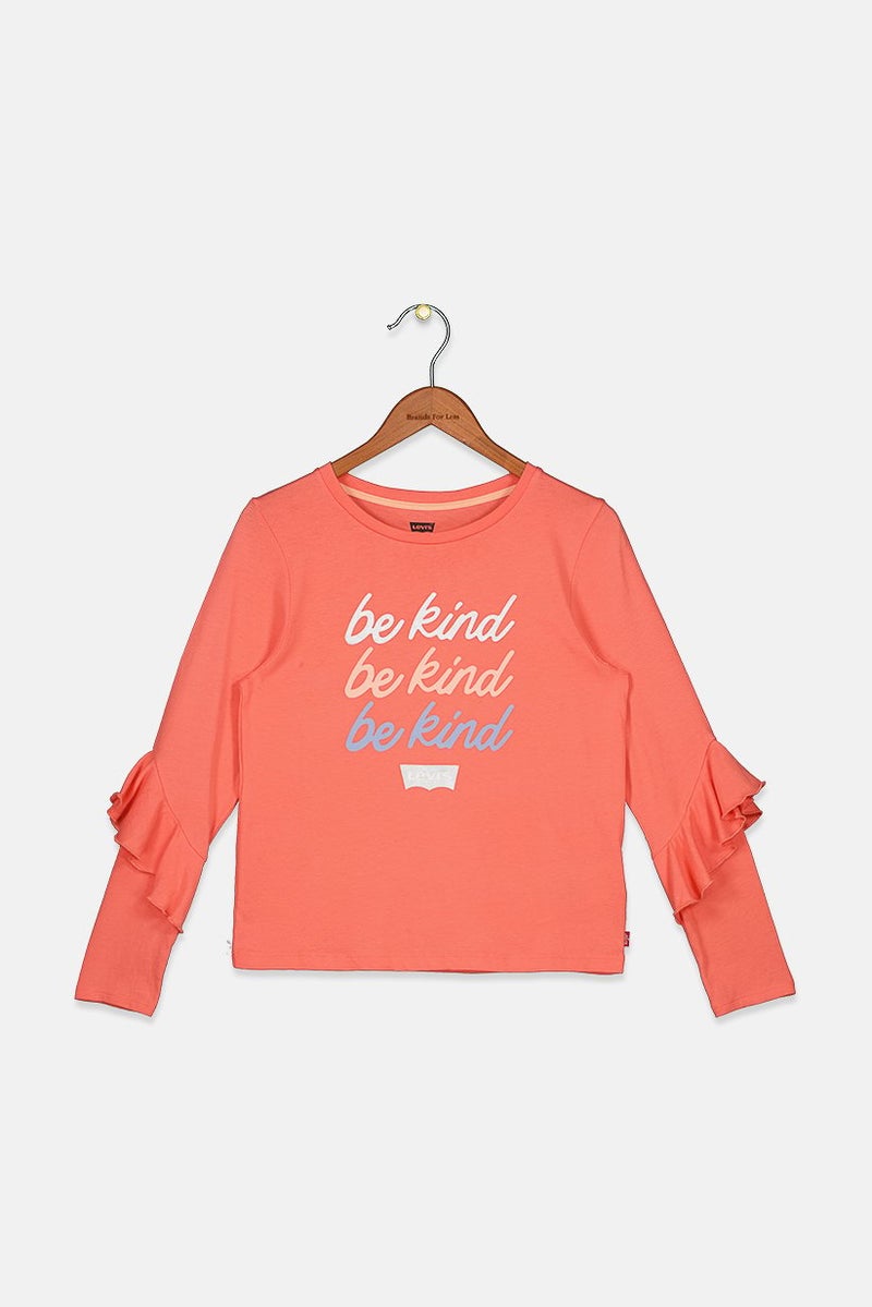 Kids Girl Crew Neck Long Sleeve Graphic Print Top, Coral