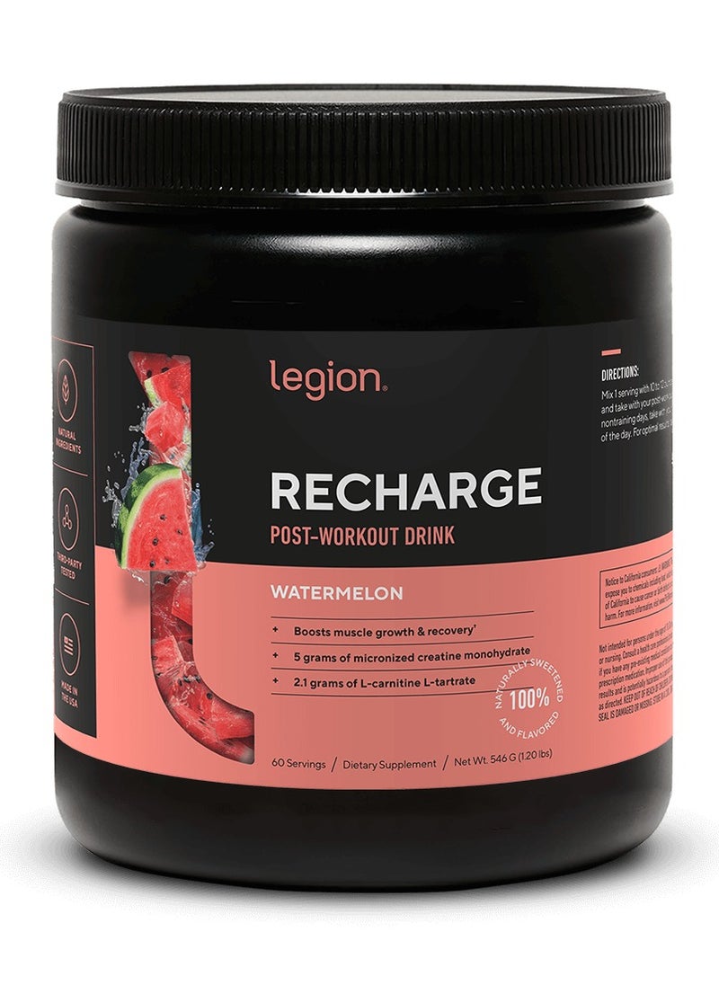 Recharge Post Workout Drink, Boosts Muscle growth and Recovery, 5g Micronized Creatine Monohydrate, 2.1g L-Carnitine and L-Tartrate, 546 g91.20 Lbs), 60 Servings - Watermellon Flavor