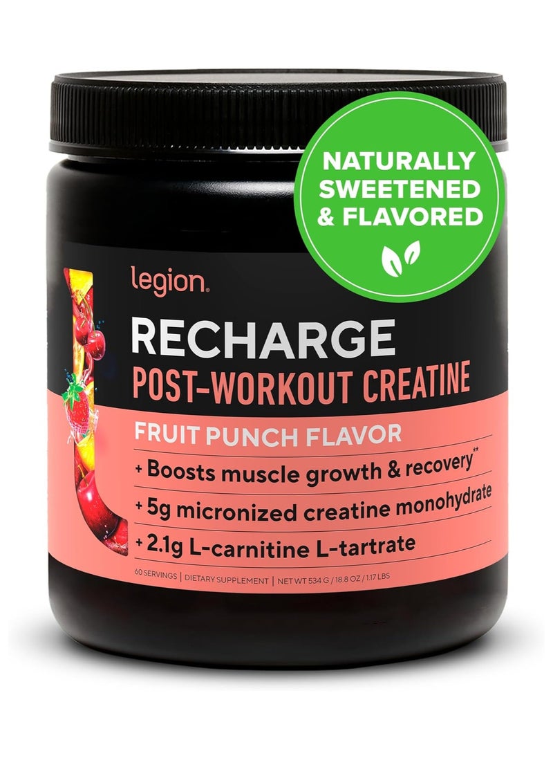 Recharge Post Workout Drink, Boosts Muscle growth and Recovery, 5g Micronized Creatine Monohydrate, 2.1g L-Carnitine and L-Tartrate, 534 grams(1.18 Lbs), 60 Servings - Fruit Punch Flavor