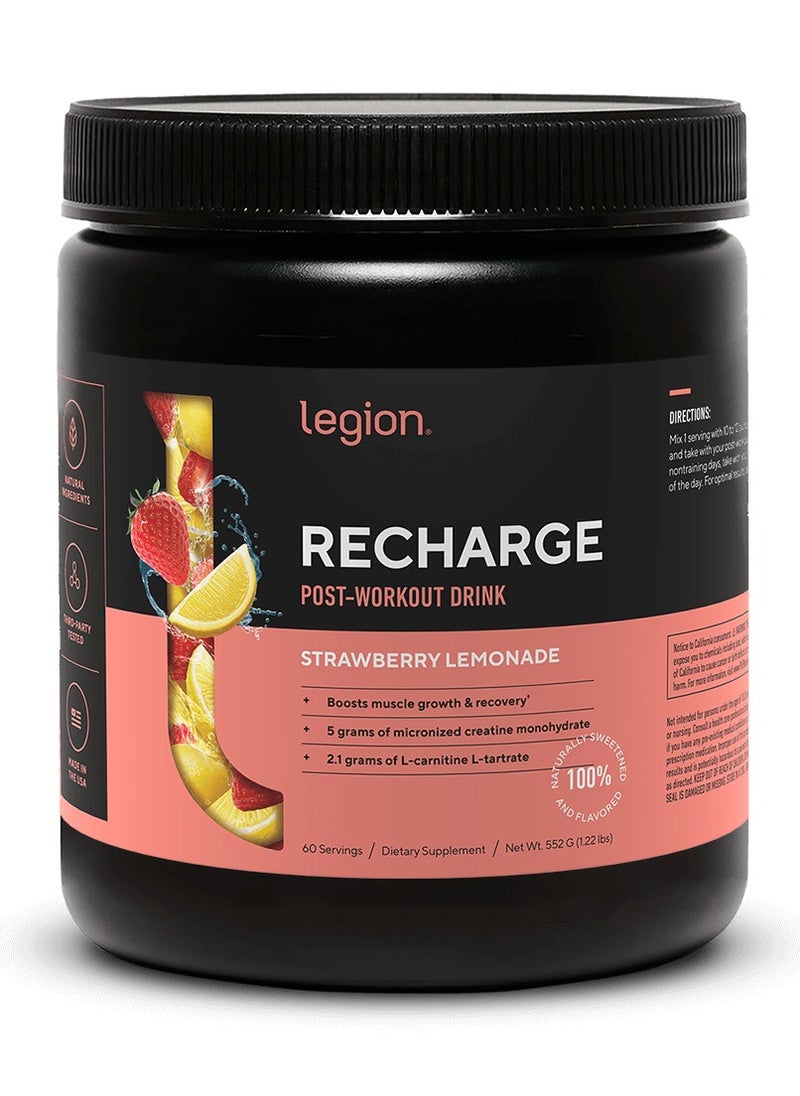 Recharge Post Workout Drink, Boosts Muscle growth and Recovery, 5g Micronized Creatine Monohydrate, 2.1g L-Carnitine and L-Tartrate, 552 g/1.22Lbs, 60 Servings - Strawberry Lemonade Flavor