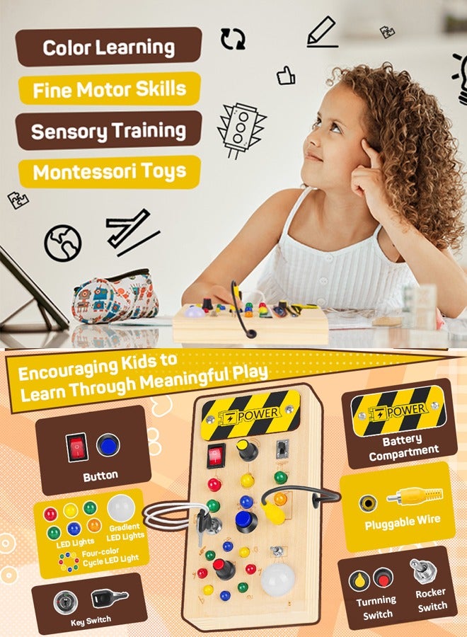 Montessori Wooden Busy Board with 8 LED Light switches Sensory Toys Light Switch Travel Toys for 18+ Months Year Old Baby and Toddler Montessori Wooden Sensory Activity Board