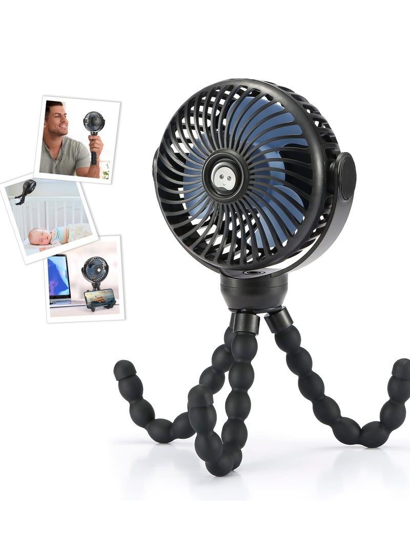 Upgraded Portable Baby Stroller Fan, 360°Rotate Rechargeable Mini Clip on Fan with Flexible Tripod for Stroller Treadmill Crib Car Seat Travel, 4000mAh Battery Powered Handheld Fan (Black)