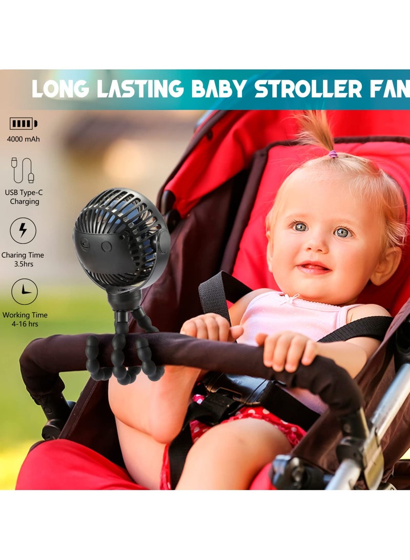 Upgraded Portable Baby Stroller Fan, 360°Rotate Rechargeable Mini Clip on Fan with Flexible Tripod for Stroller Treadmill Crib Car Seat Travel, 4000mAh Battery Powered Handheld Fan (Black)