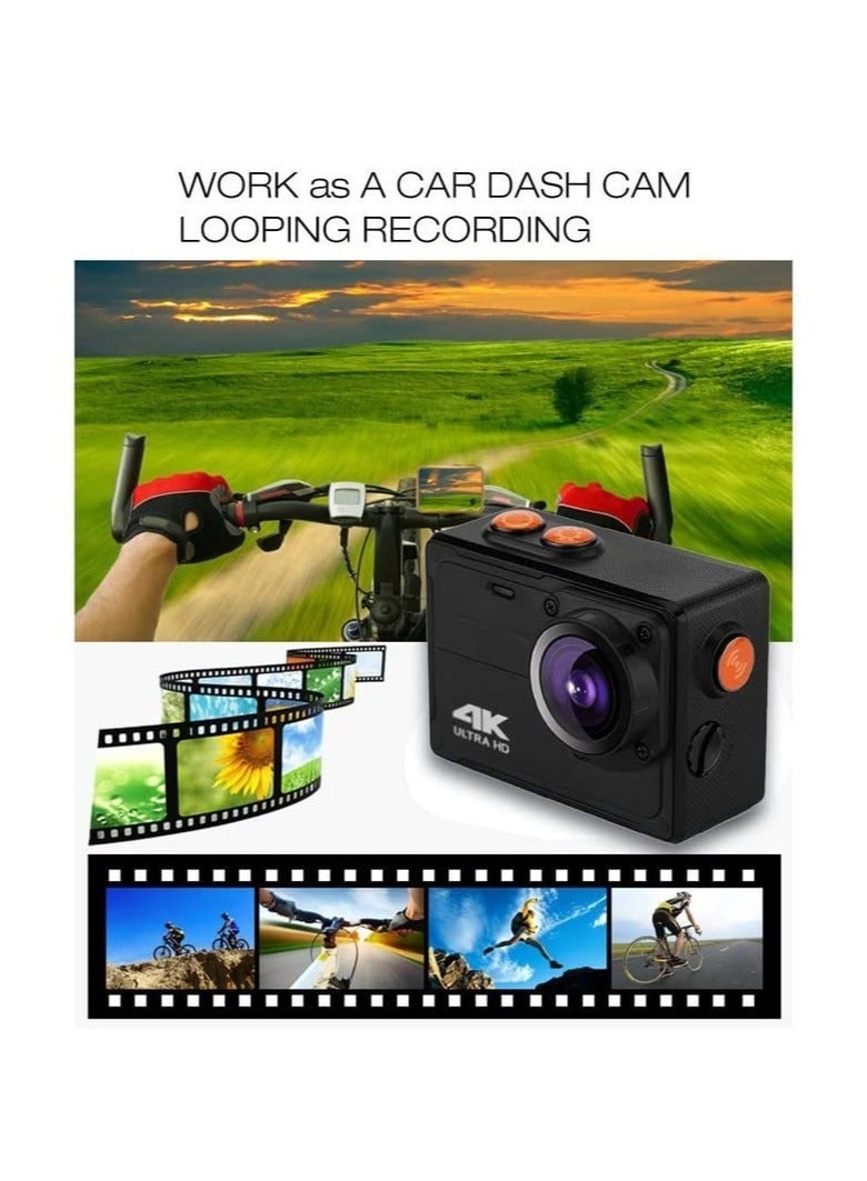 Digital Action Camera 4K Action Camera HD 1080P 30m Waterproof Sport Camera 170° Wide Angle Infrared WiFi 2.0 Inch Screen Black